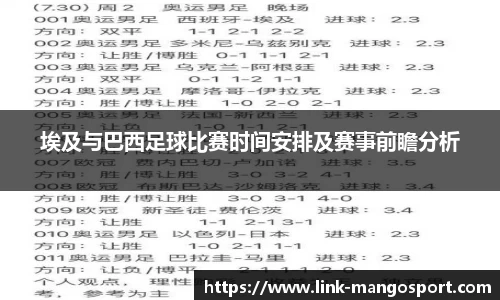 埃及与巴西足球比赛时间安排及赛事前瞻分析